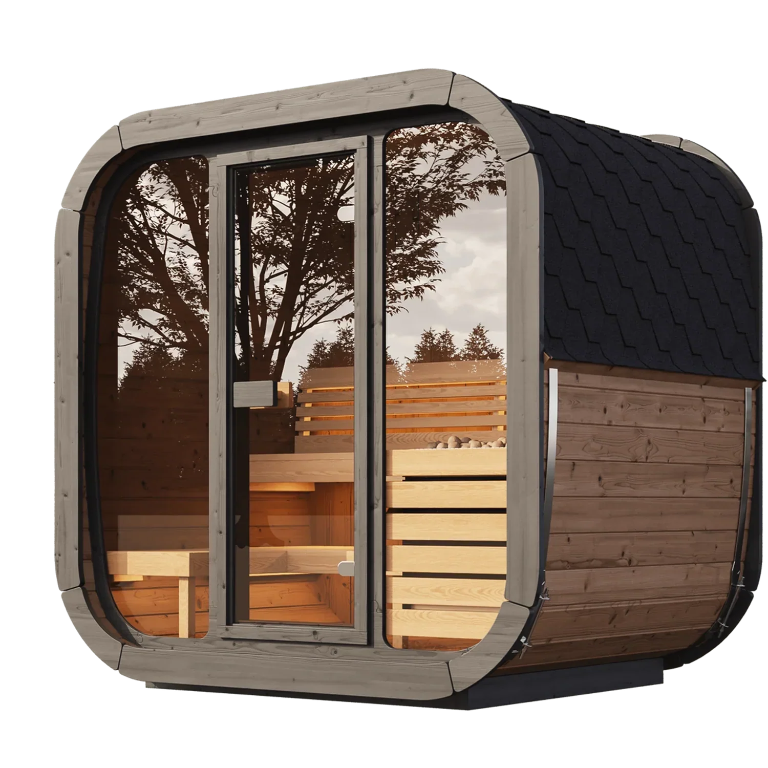 SaunaLife Cube-Series Model CL4G | Compact Outdoor Cube Sauna Kit | Full Glass Front | Thermo-Spruce | 6'2" Headroom | Wi-Fi LED Light Bar Included | Contoured Thermo-Aspen Benches | Handcrafted Northern Europe