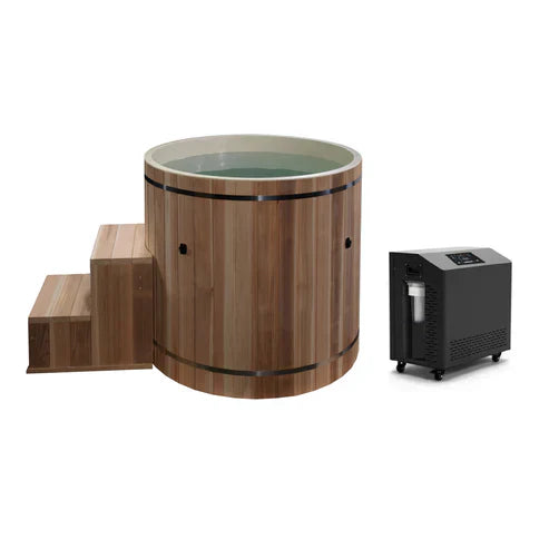 Dynamic Cold Therapy PVC Barrel Cold Plunge | Tub Only | Pacific Cedar Exterior | Insulated PVC Interior | Built-In Ergonomic Seat | 42"×39.5" | Chiller-Ready Pre-Connection | Child Safety Cover