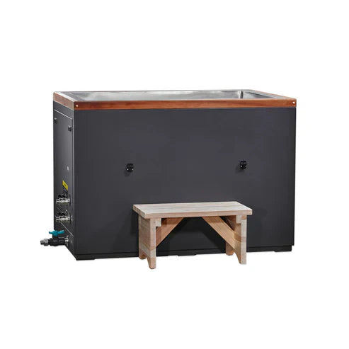 Dynamic CUBOID cold plunge standard 50 inch and XL 55 inch sizes Pacific Cedar exterior panels and protective stainless steel cabinet

