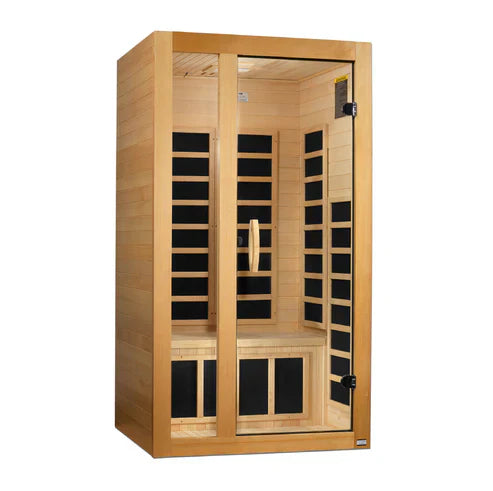 Dynamic Gracia Elite infrared sauna with clear tempered glass door and Canadian Hemlock wood exterior