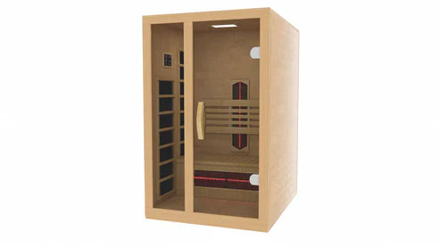Dynamic Gracia FS compact 1-2 person indoor infrared sauna 39 by 36 inch exterior natural reforested Canadian Hemlock