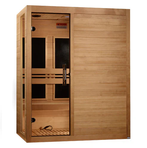 Dynamic Toscana Elite 3-person indoor FAR infrared sauna 60 by 42 inch exterior natural reforested Canadian Hemlock wood