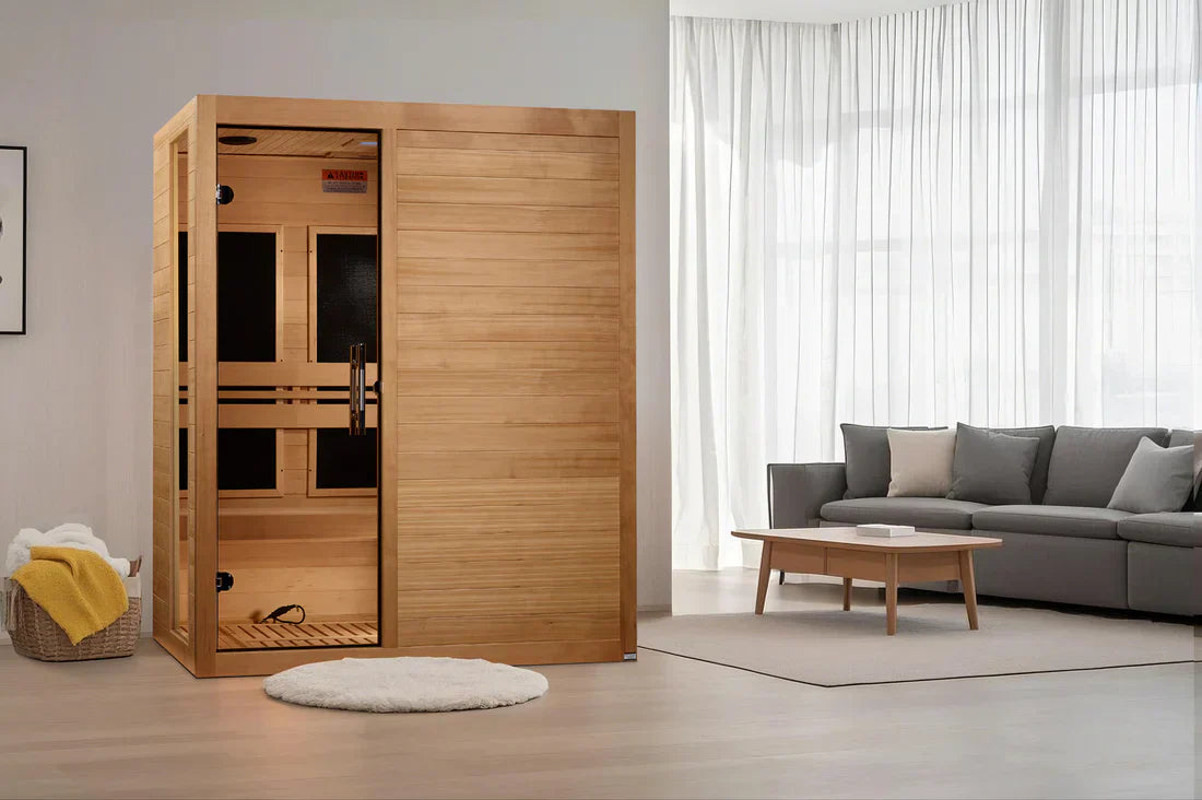 Dynamic Toscana Elite sauna removable bench removed showing open floor space for yoga stretching and exercise