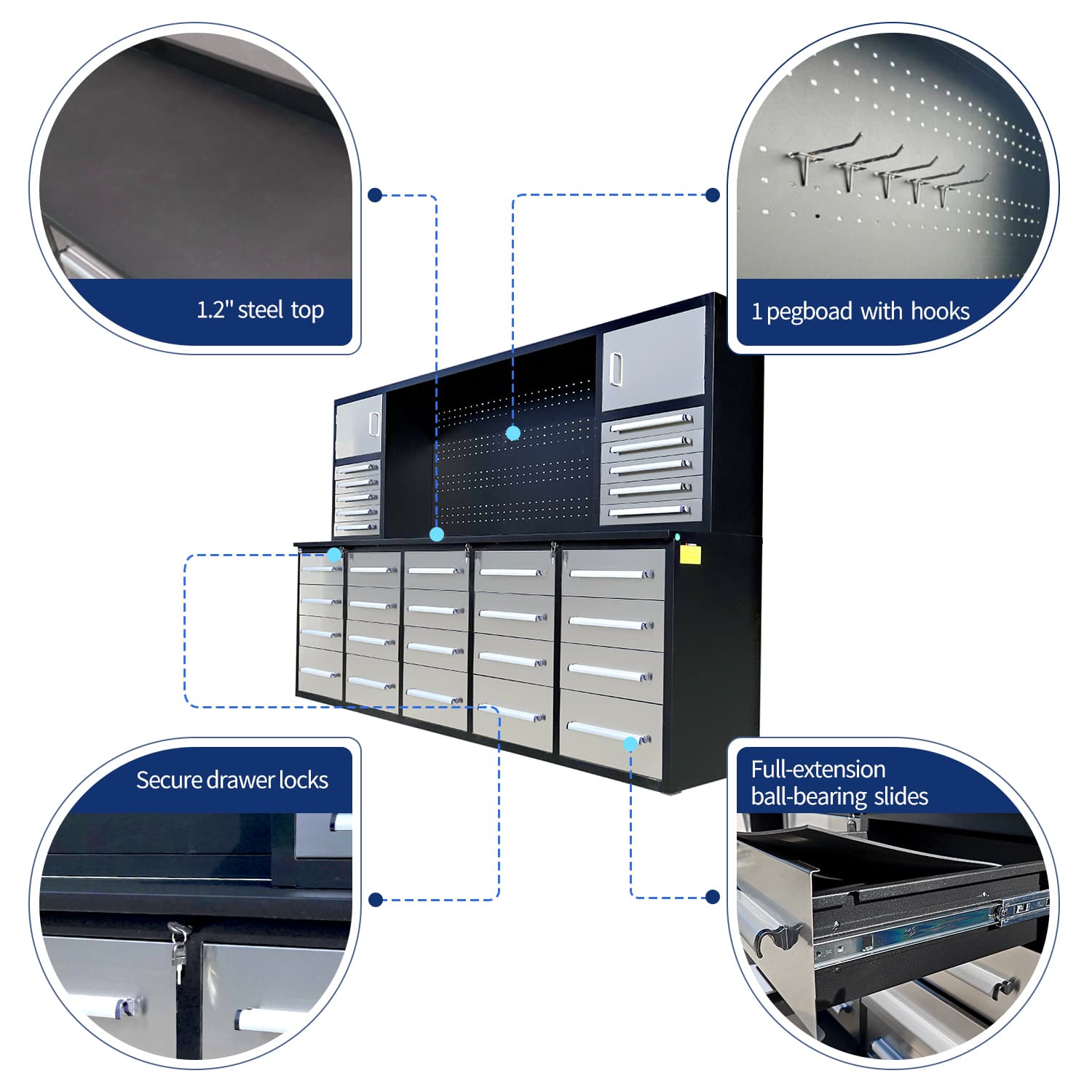 10ft Workbench Cabinet(30 Drawers, 2 Cabinets & 1 Pegboard)