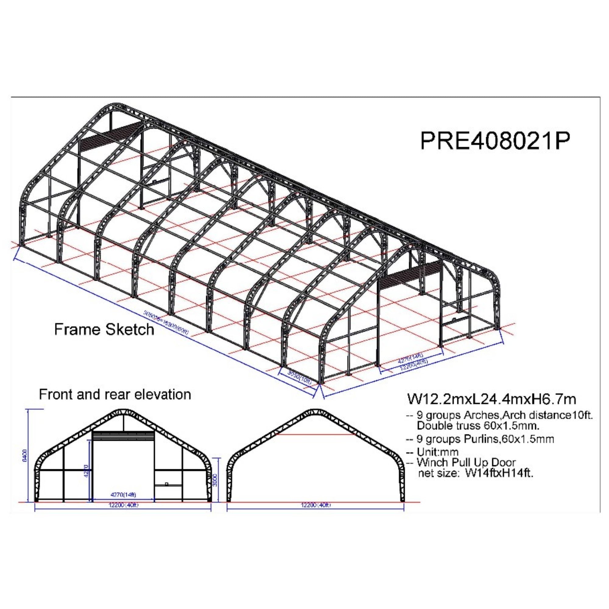 W40'xL80'xH21' Double Truss Storage Shelter, 10' Truss Spacing