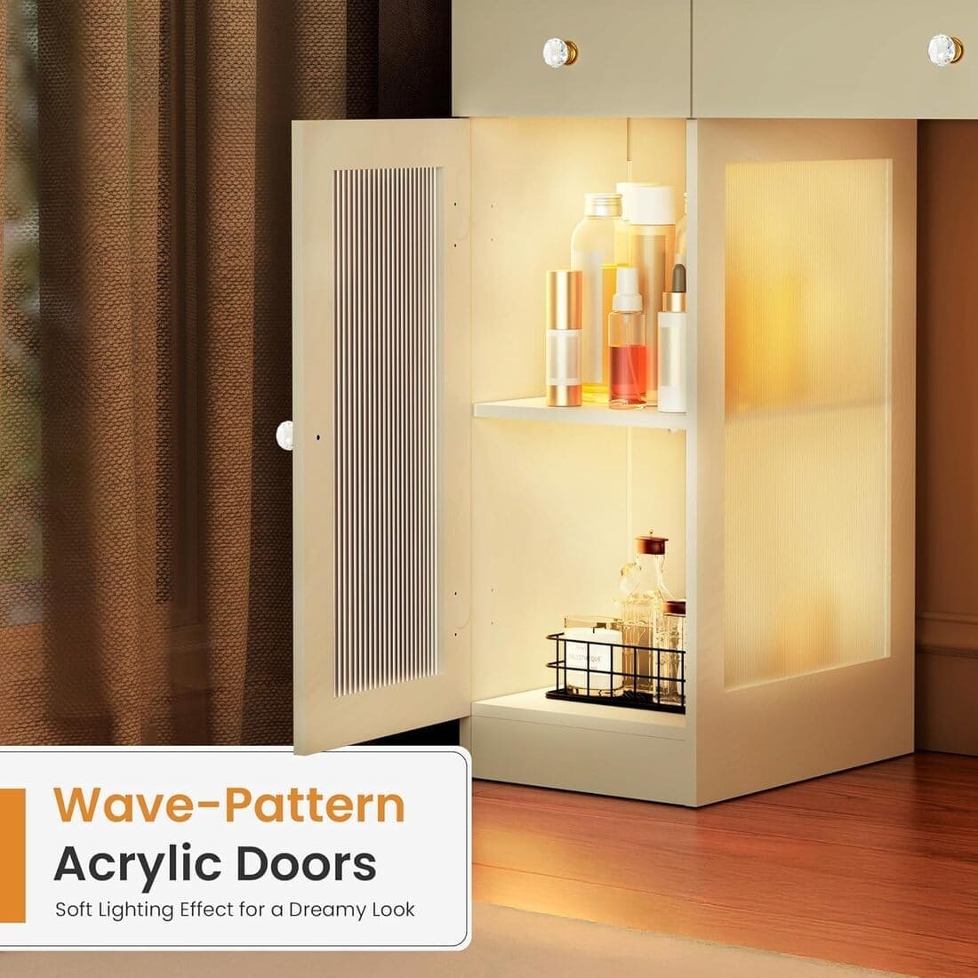 Pamapic Tempered Glass Top Vanity Desk with Lighted Mirror, 2 Transparent Cabinets & 3 Drawers