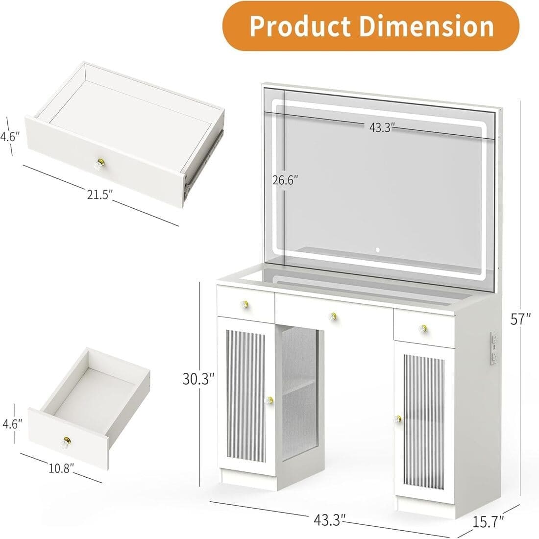 Pamapic Tempered Glass Top Vanity Desk with Lighted Mirror, 2 Transparent Cabinets & 3 Drawers