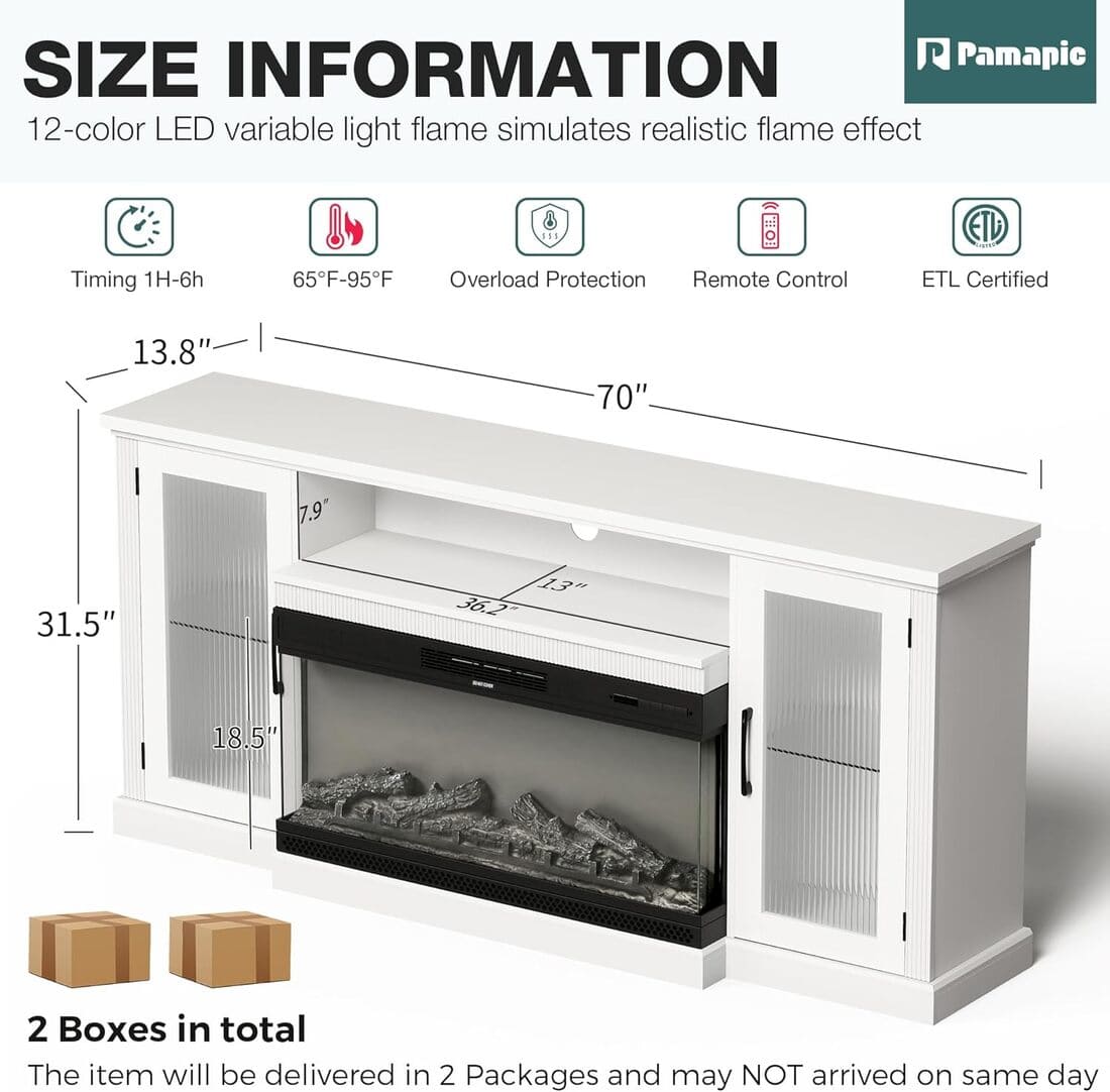 3-Sided Electric Fireplace TV Stand, Farmhouse Entertainment Center with 36" LED Fireplace & Glass Doors for Living Room