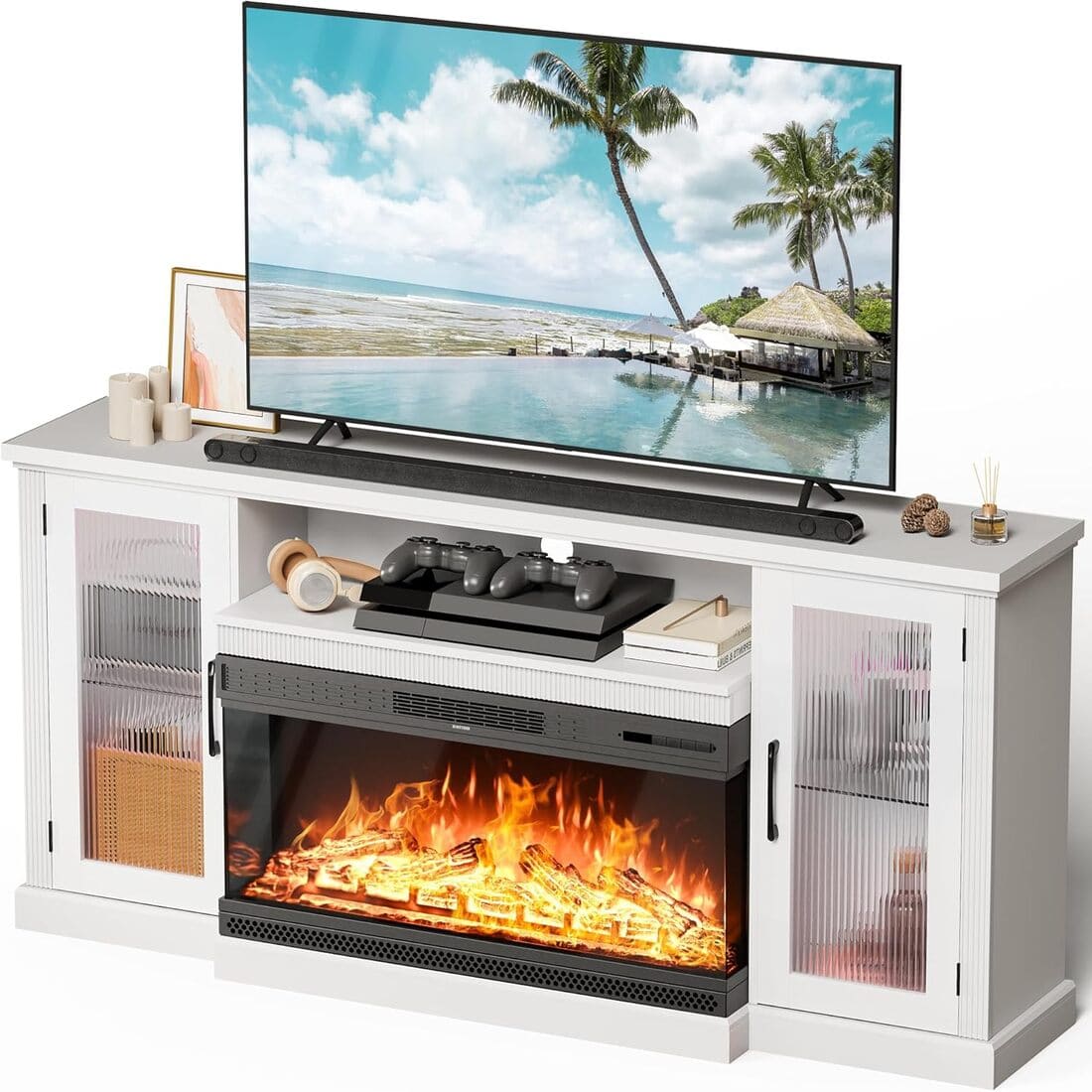 3-Sided Electric Fireplace TV Stand, Farmhouse Entertainment Center with 36" LED Fireplace & Glass Doors for Living Room