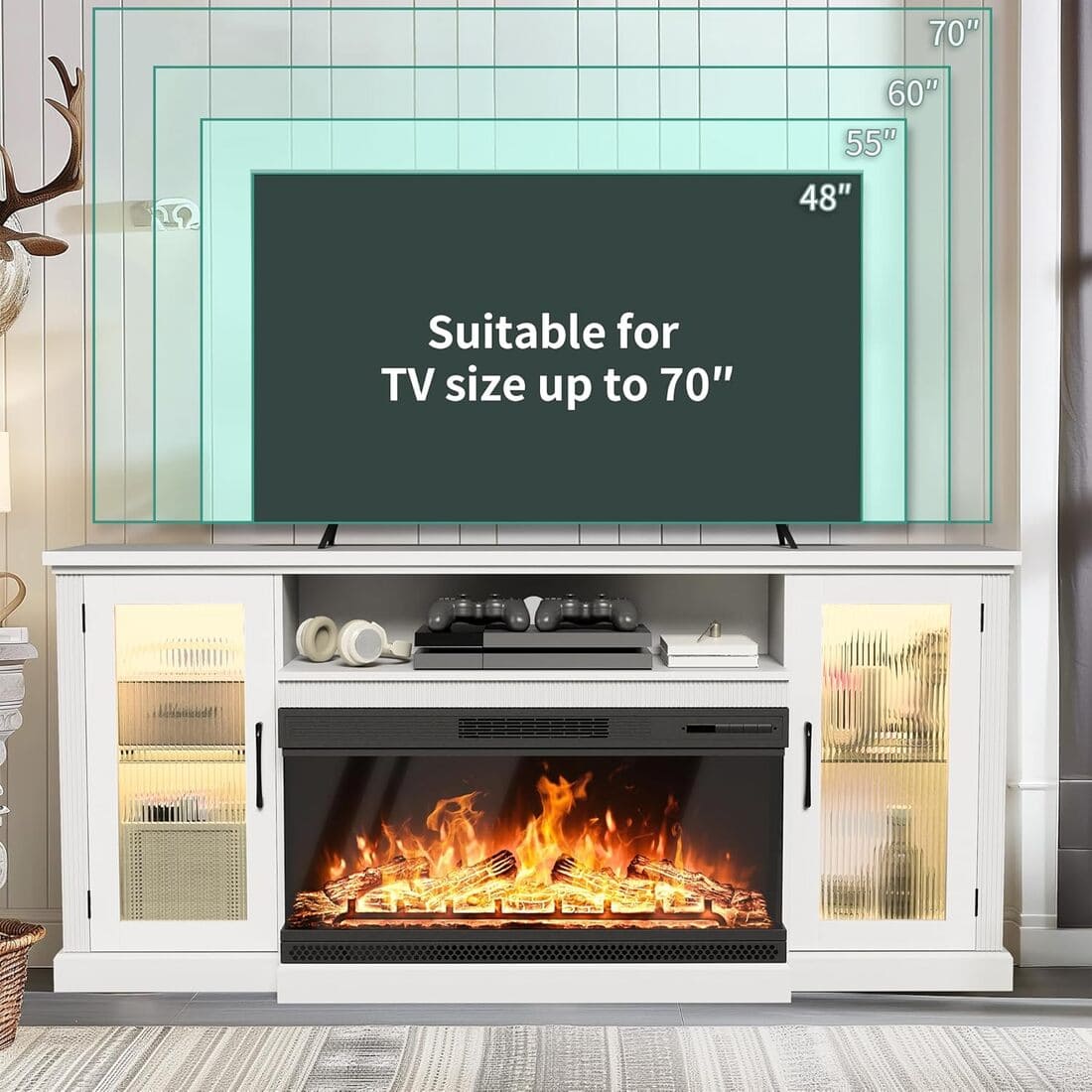 3-Sided Electric Fireplace TV Stand, Farmhouse Entertainment Center with 36" LED Fireplace & Glass Doors for Living Room