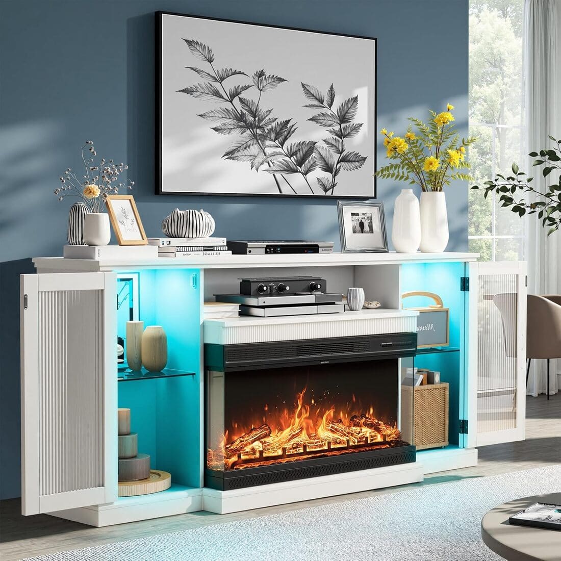 3-Sided Electric Fireplace TV Stand, Farmhouse Entertainment Center with 36" LED Fireplace & Glass Doors for Living Room