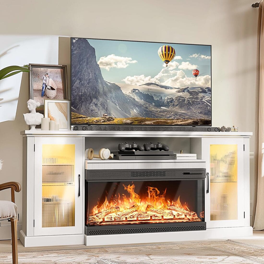 3-Sided Electric Fireplace TV Stand, Farmhouse Entertainment Center with 36" LED Fireplace & Glass Doors for Living Room