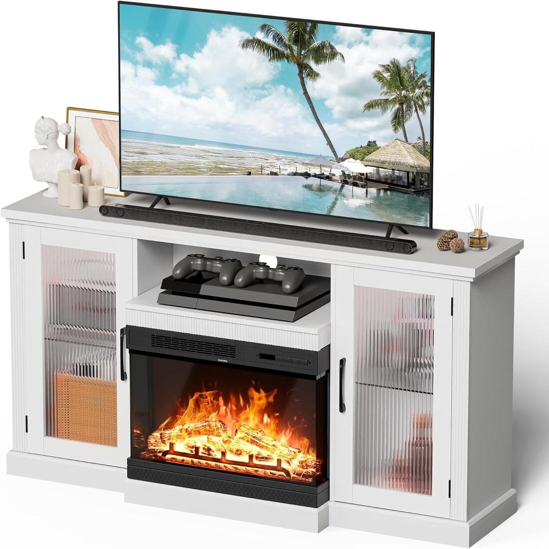 3-Sided Electric Fireplace TV Stand, Farmhouse Entertainment Center with 36" LED Fireplace & Glass Doors for Living Room
