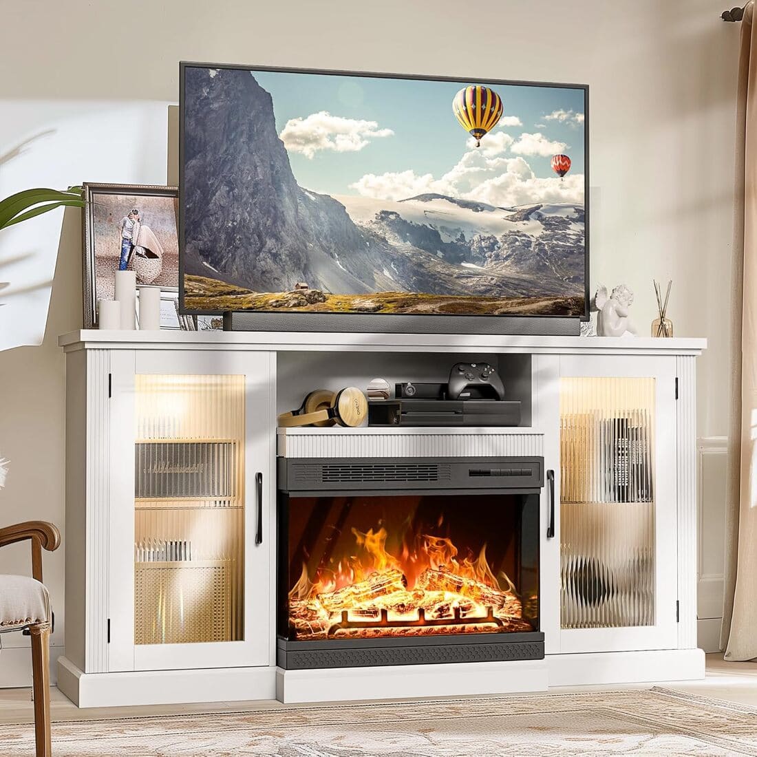3-Sided Electric Fireplace TV Stand, Farmhouse Entertainment Center with 36" LED Fireplace & Glass Doors for Living Room