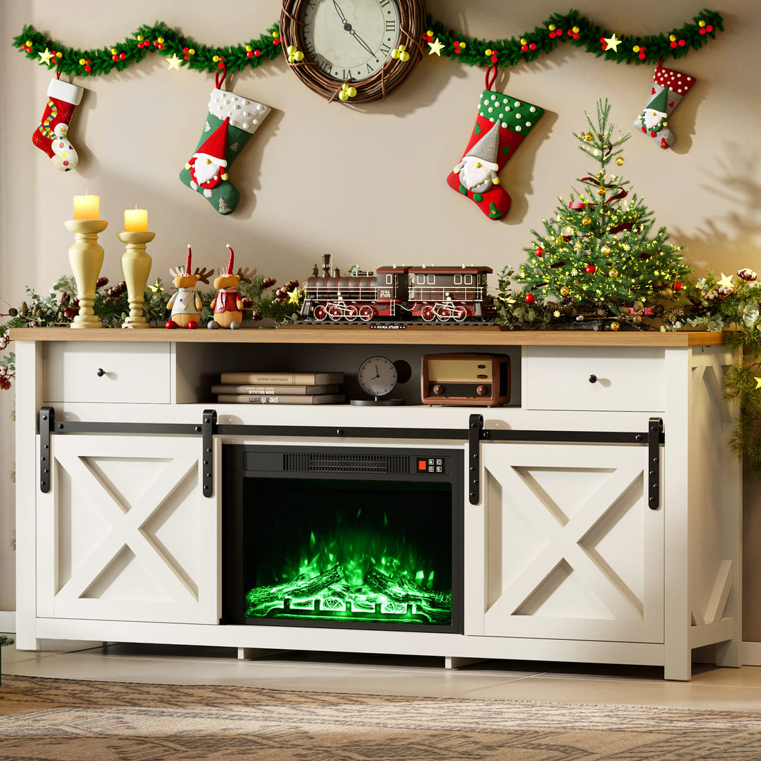 3-Sided Electric Fireplace TV Stand, Farmhouse Entertainment Center with 36" LED Fireplace & Glass Doors for Living Room