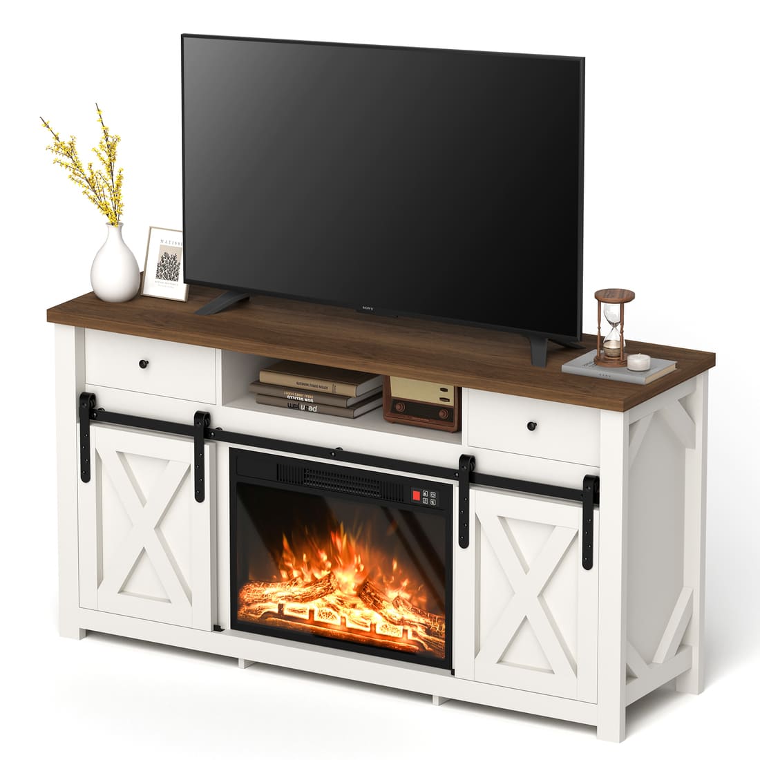 3-Sided Electric Fireplace TV Stand, Farmhouse Entertainment Center with 36" LED Fireplace & Glass Doors for Living Room