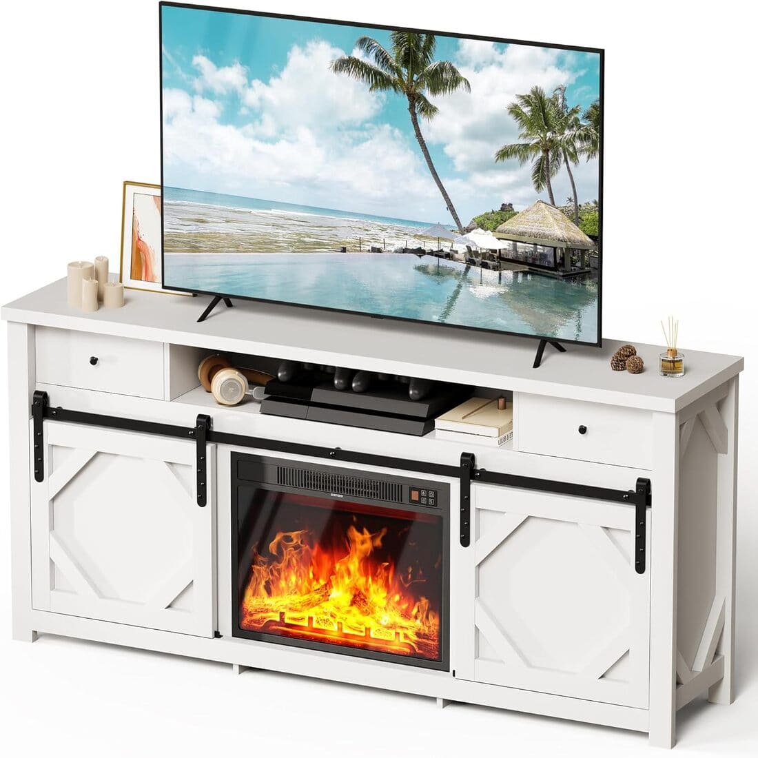 3-Sided Electric Fireplace TV Stand, Farmhouse Entertainment Center with 36" LED Fireplace & Glass Doors for Living Room