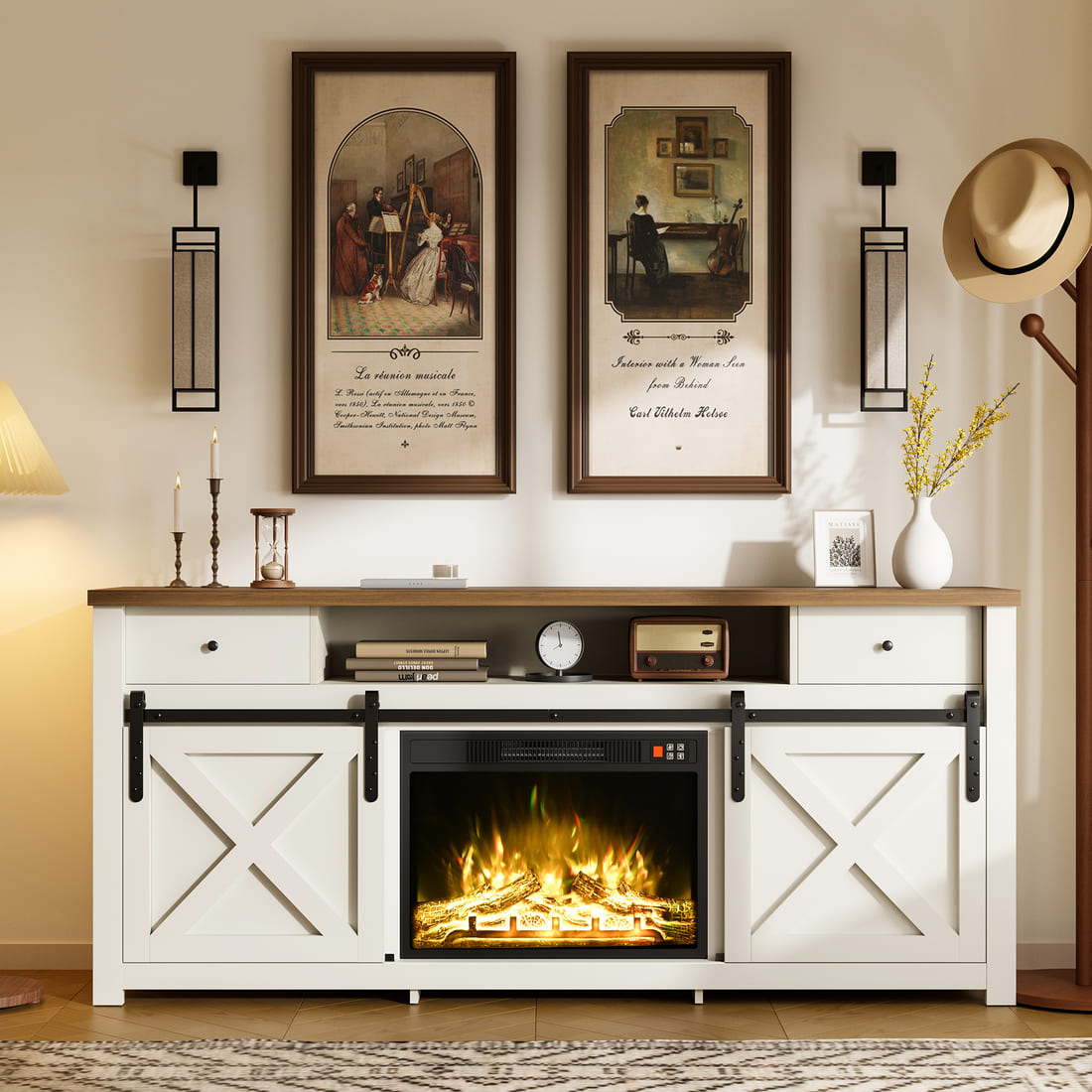 3-Sided Electric Fireplace TV Stand, Farmhouse Entertainment Center with 36" LED Fireplace & Glass Doors for Living Room