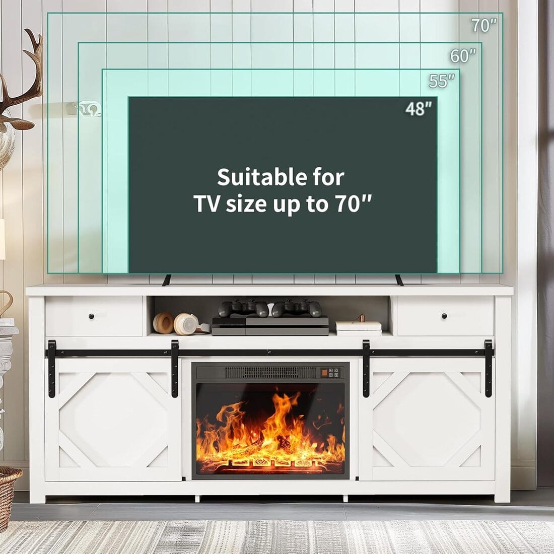 3-Sided Electric Fireplace TV Stand, Farmhouse Entertainment Center with 36" LED Fireplace & Glass Doors for Living Room