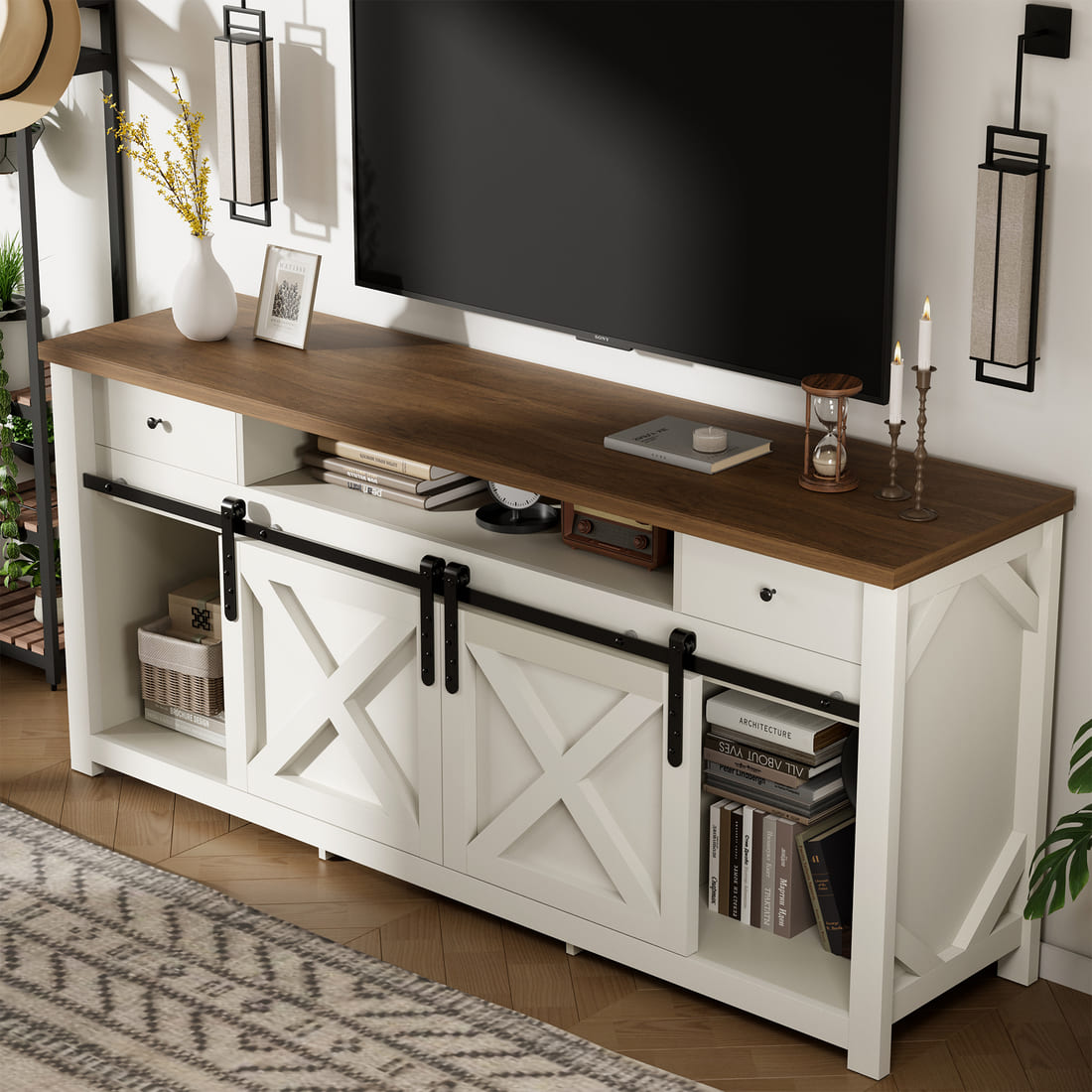 3-Sided Electric Fireplace TV Stand, Farmhouse Entertainment Center with 36" LED Fireplace & Glass Doors for Living Room