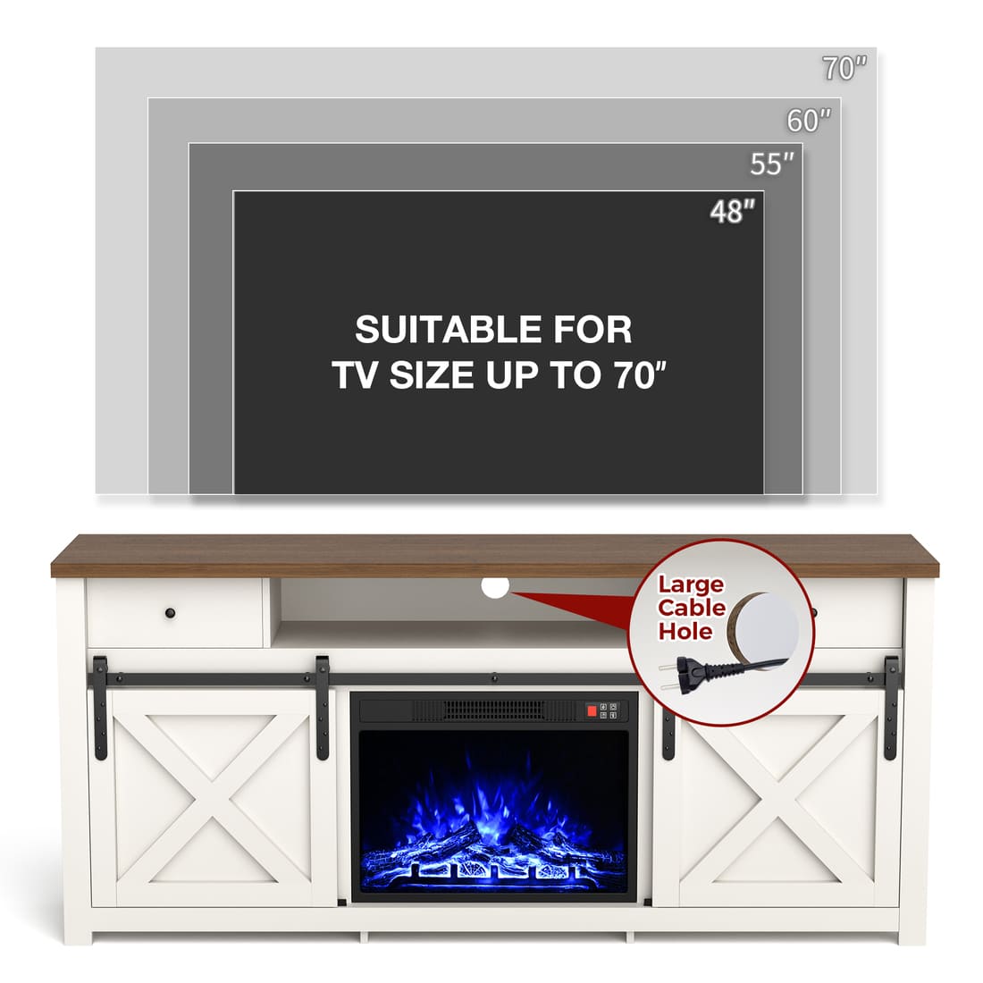 3-Sided Electric Fireplace TV Stand, Farmhouse Entertainment Center with 36" LED Fireplace & Glass Doors for Living Room