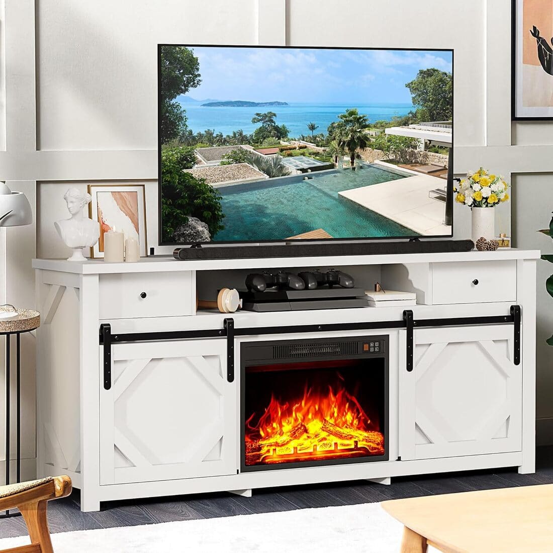 Pamapic 70" Farmhouse Fireplace TV Stand for Living Room, Entertainment Center with Cabinet and Shelves