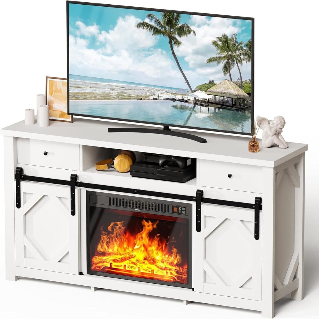 Pamapic 70" Farmhouse Fireplace TV Stand for Living Room, Entertainment Center with Cabinet and Shelves