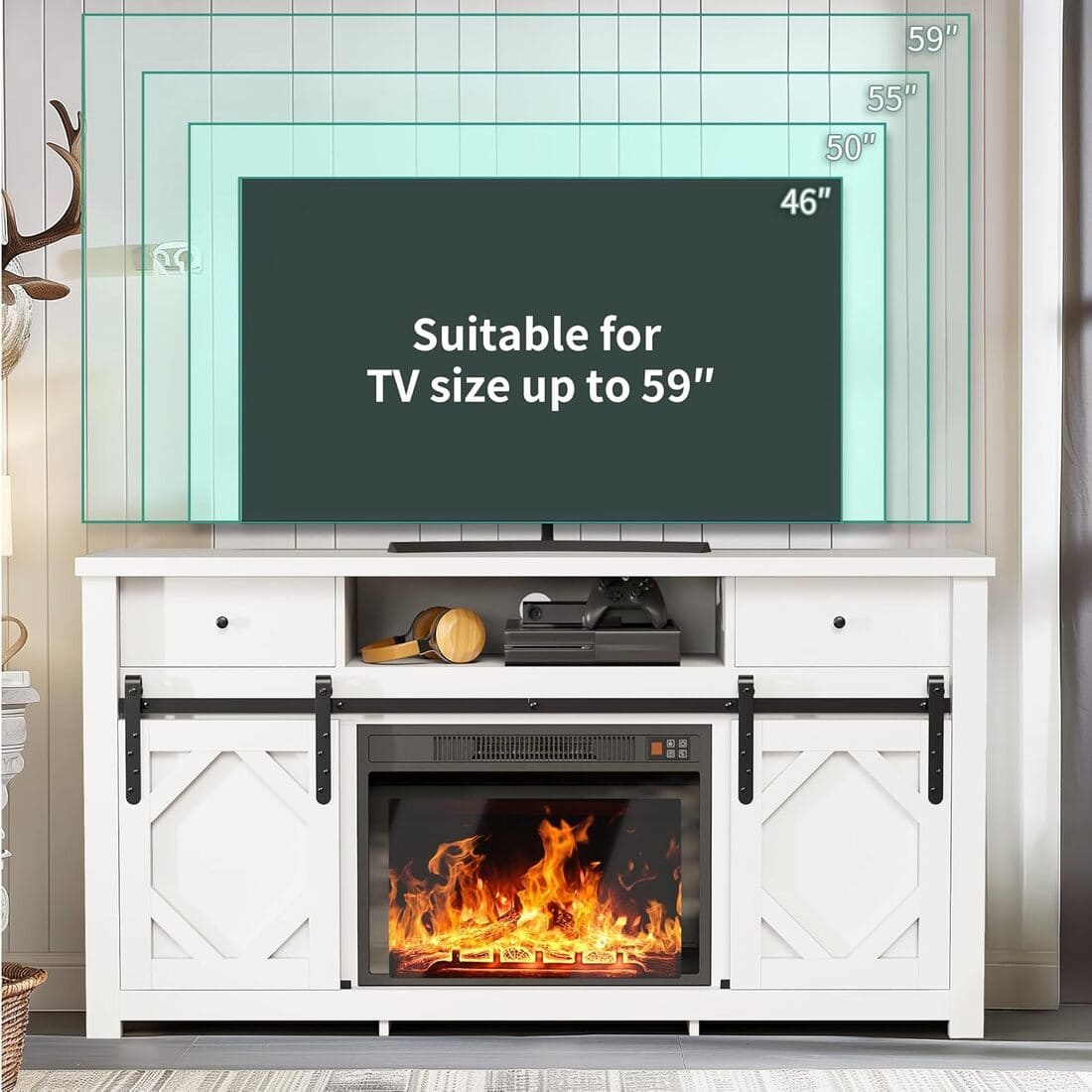 Pamapic 70" Farmhouse Fireplace TV Stand for Living Room, Entertainment Center with Cabinet and Shelves