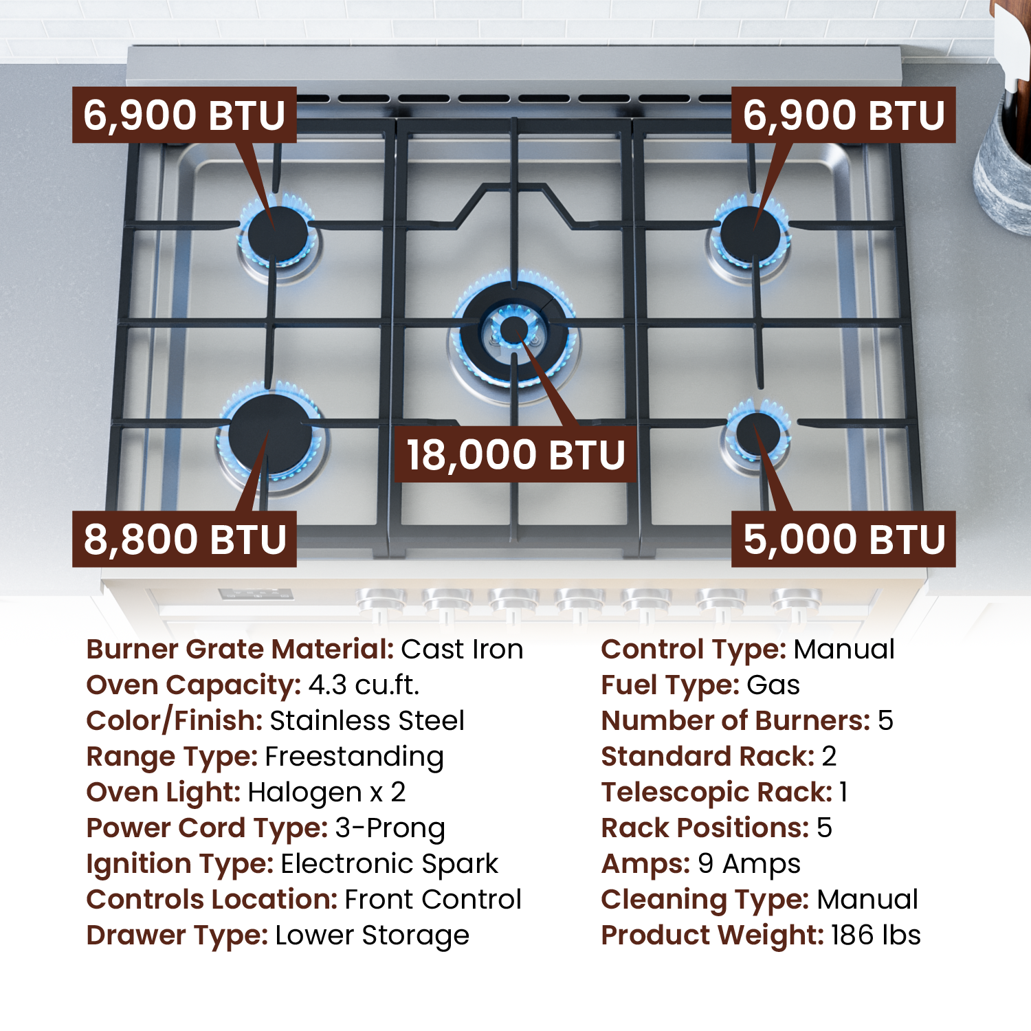 Rangaire 36" Gas Range Convection Oven Freestanding Stainless Steel RRG361TS