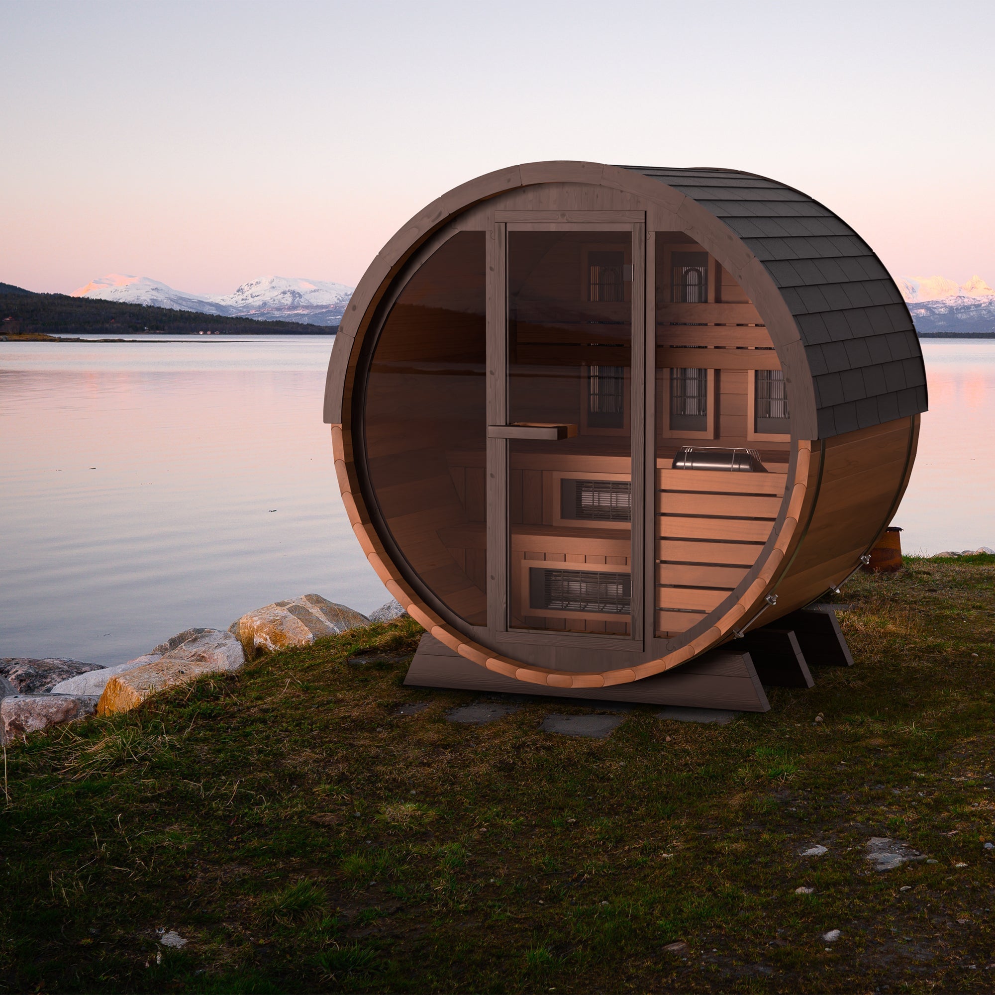 Finnmark FD-6 4-person cedar combination barrel sauna clear-grade Canadian Cedar exterior with tempered glass door outdoors

