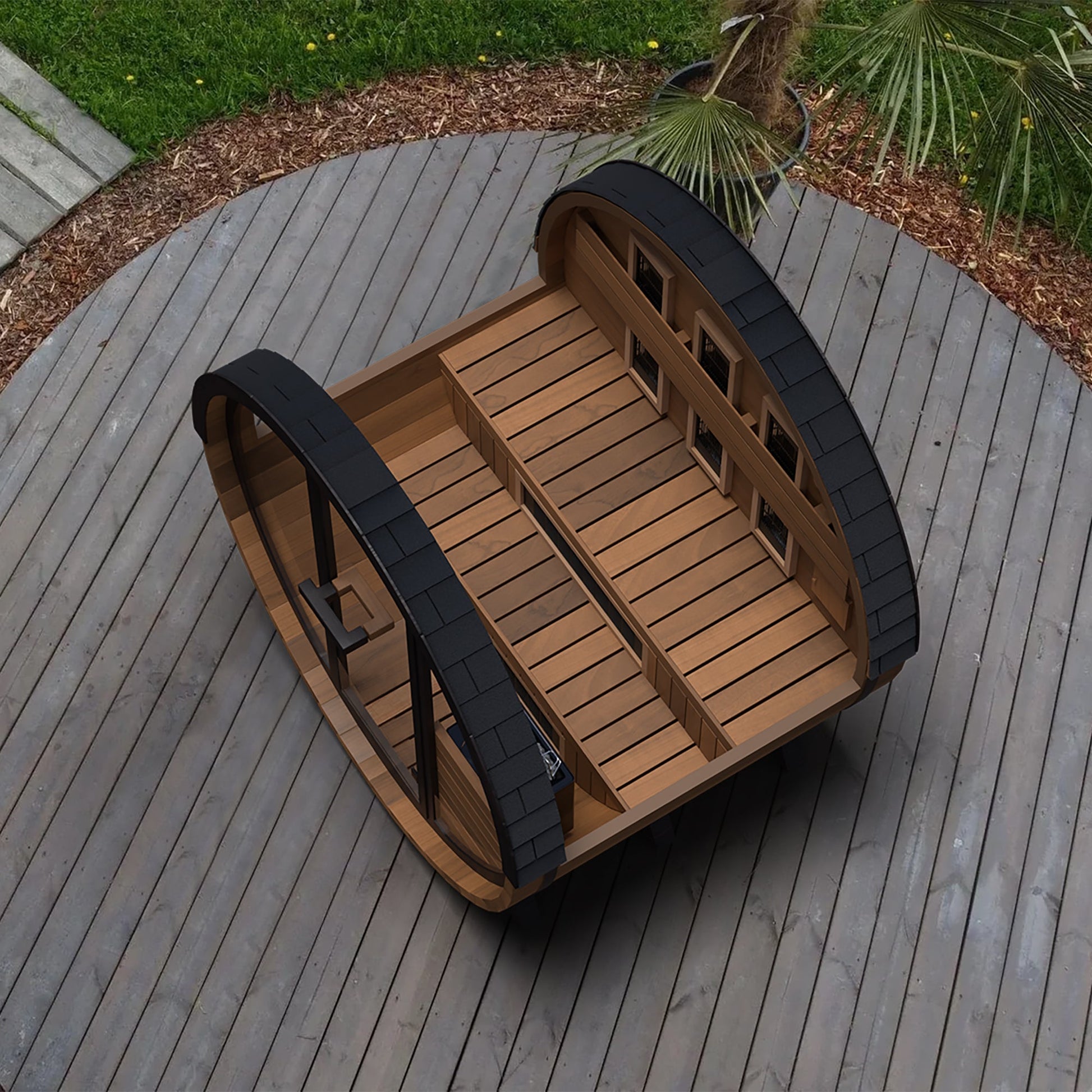 Finnmark FD-6 interior dual-level Canadian Cedar benches ambient RGB lighting under benches and Spectrum Plus infrared panels