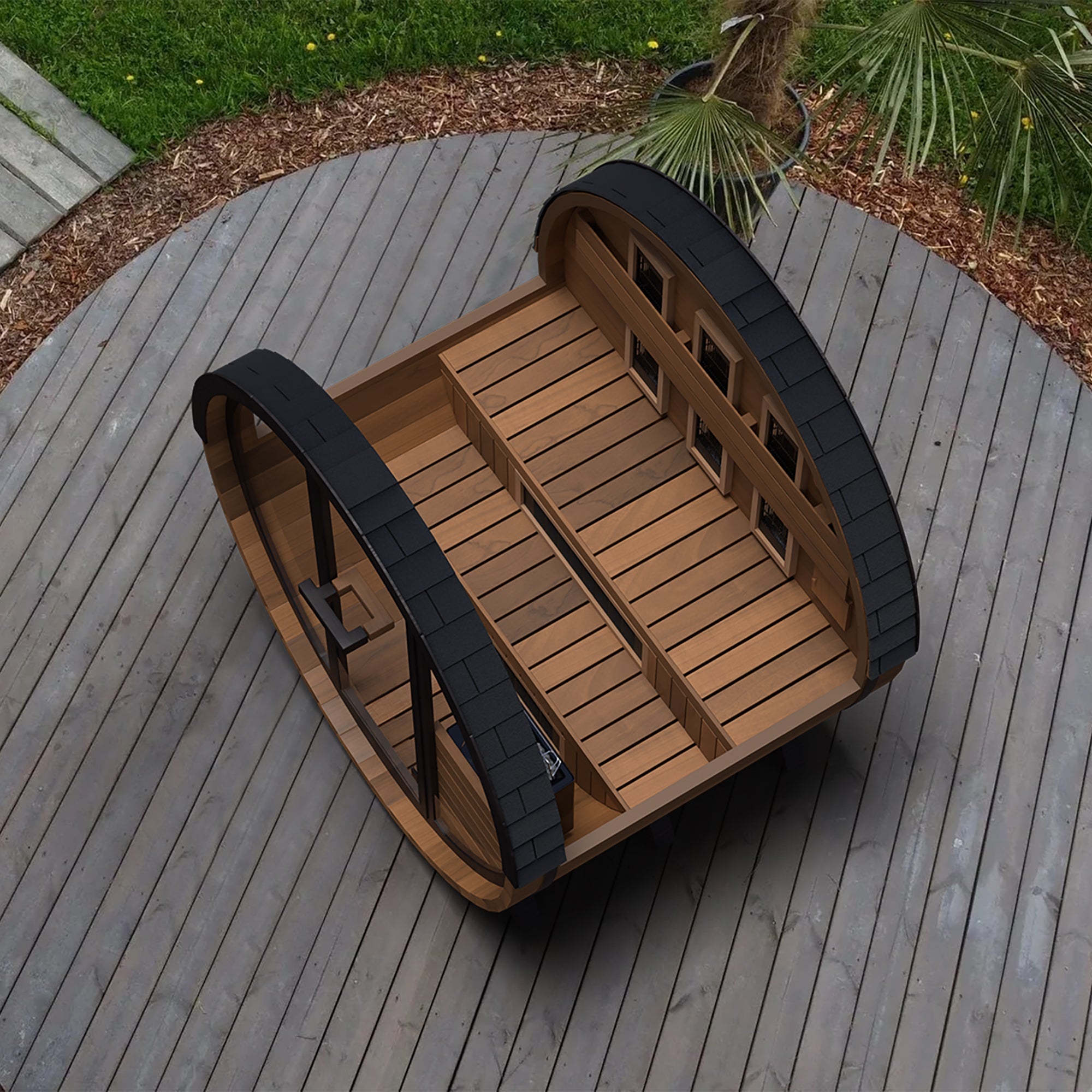 Finnmark FD-6 interior dual-level Canadian Cedar benches ambient RGB lighting under benches and Spectrum Plus infrared panels