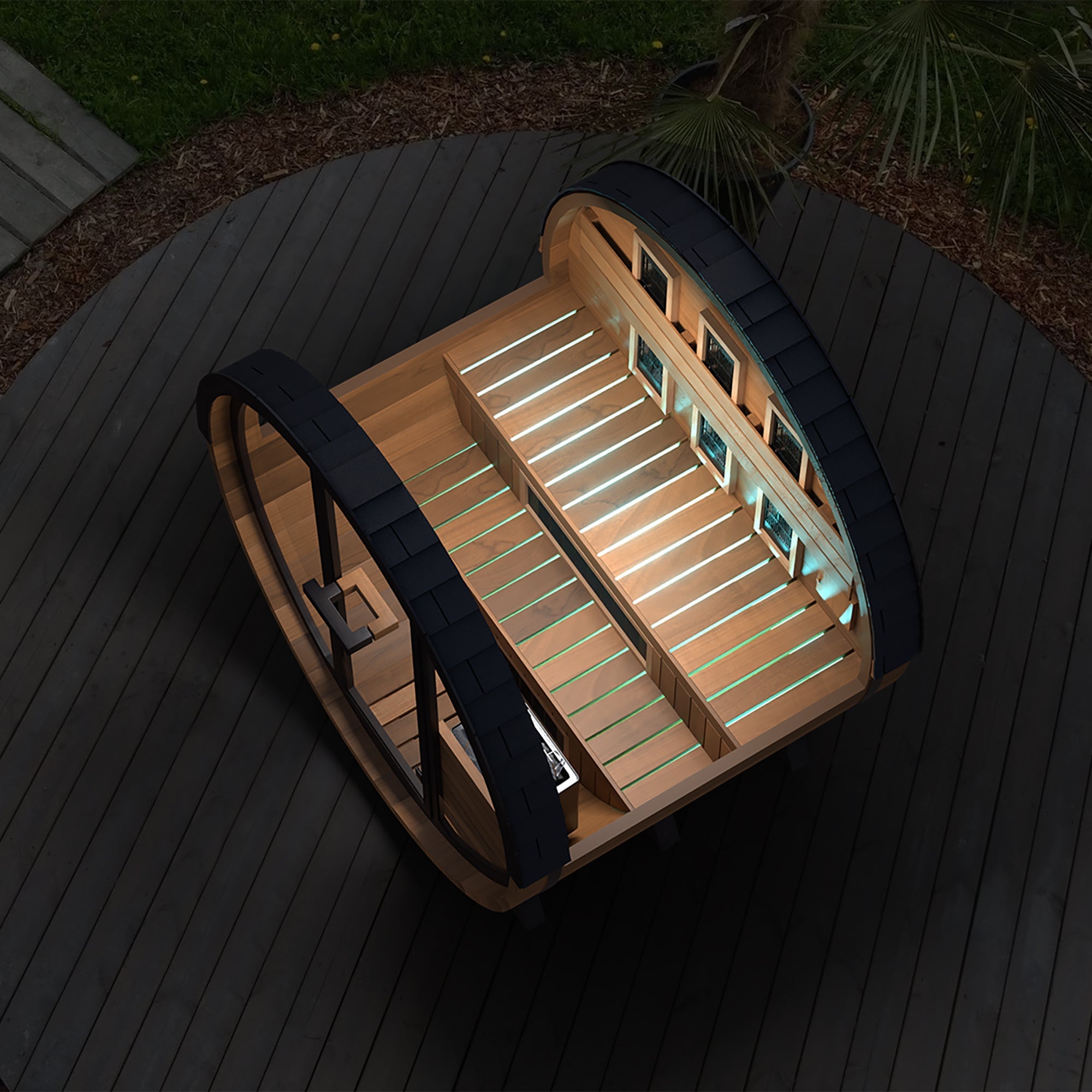 Finnmark Spectrum Plus UL-listed full spectrum mid and far infrared panels inside FD-6 cedar combination barrel sauna