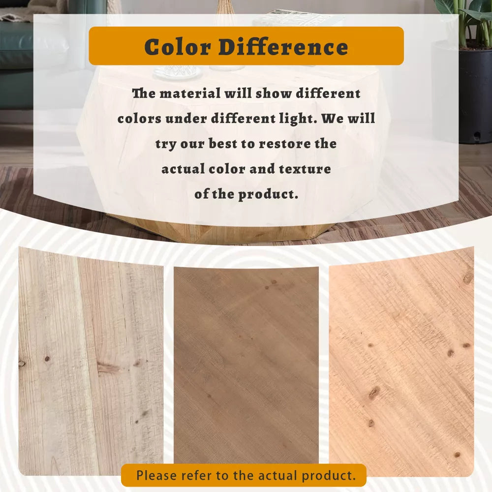 38" Modern Farmhouse Coffee Table – Vintage Wooden Drum Table with 3D Embossed Design