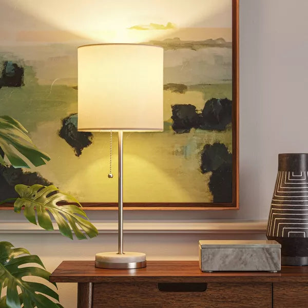 Brass Hayes Stick Lamp with Marble Base & Drum Shade – Modern Desk & Table Lighting