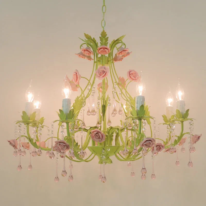 European Rose Flower Chandelier - Green Lustre Light in 6L/8L/12L Sizes, E14 Decoration Light Fixture in Pink