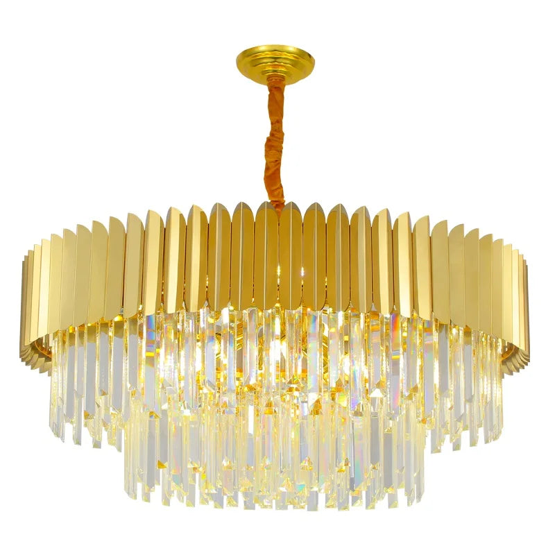 Postmodern Round Gold Stainless Steel Crystal LED Chandelier - Contemporary Illumination for Dining Elegance