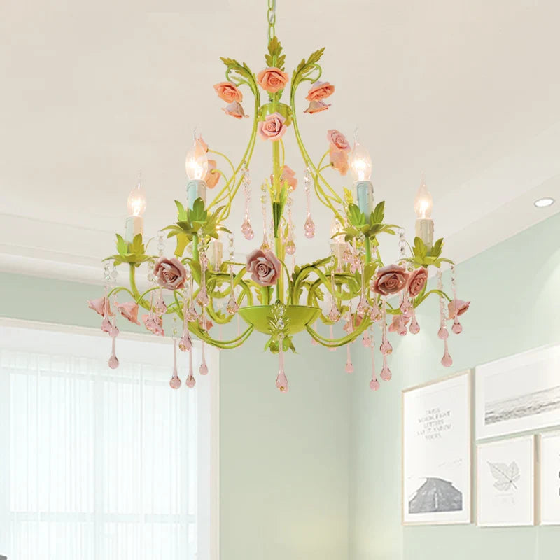 European Rose Flower Chandelier - Green Lustre Light in 6L/8L/12L Sizes, E14 Decoration Light Fixture in Pink