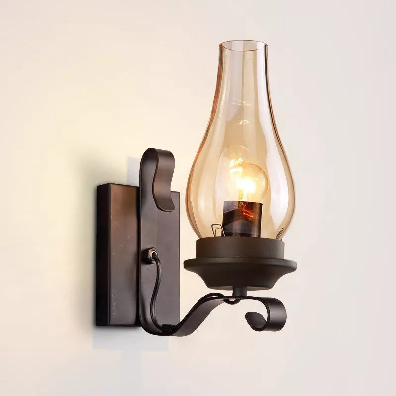 Vintage Industrial Iron Wall Lamp - Creative Design for Restaurants, Corridors, Bedrooms, and More, Featuring Glass Shade for Charming Living Room and Hotel Lighting