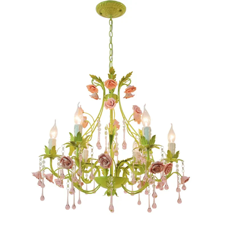 European Rose Flower Chandelier - Green Lustre Light in 6L/8L/12L Sizes, E14 Decoration Light Fixture in Pink