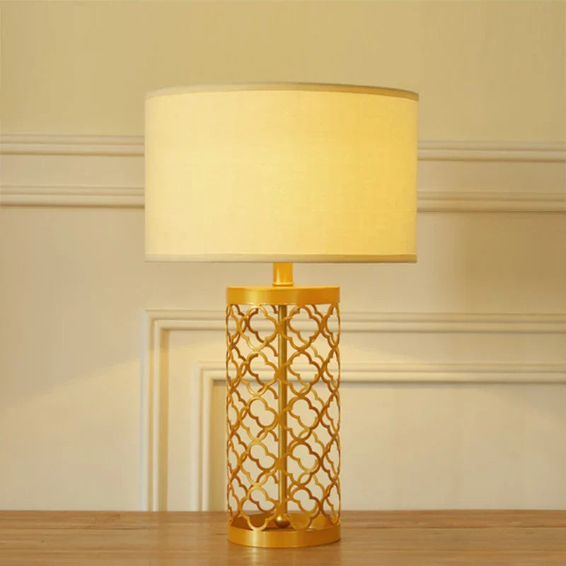 American Golden Wrought Iron Hollow Pattern Table Lamp - Luxury Bedside LED Desk Lighting