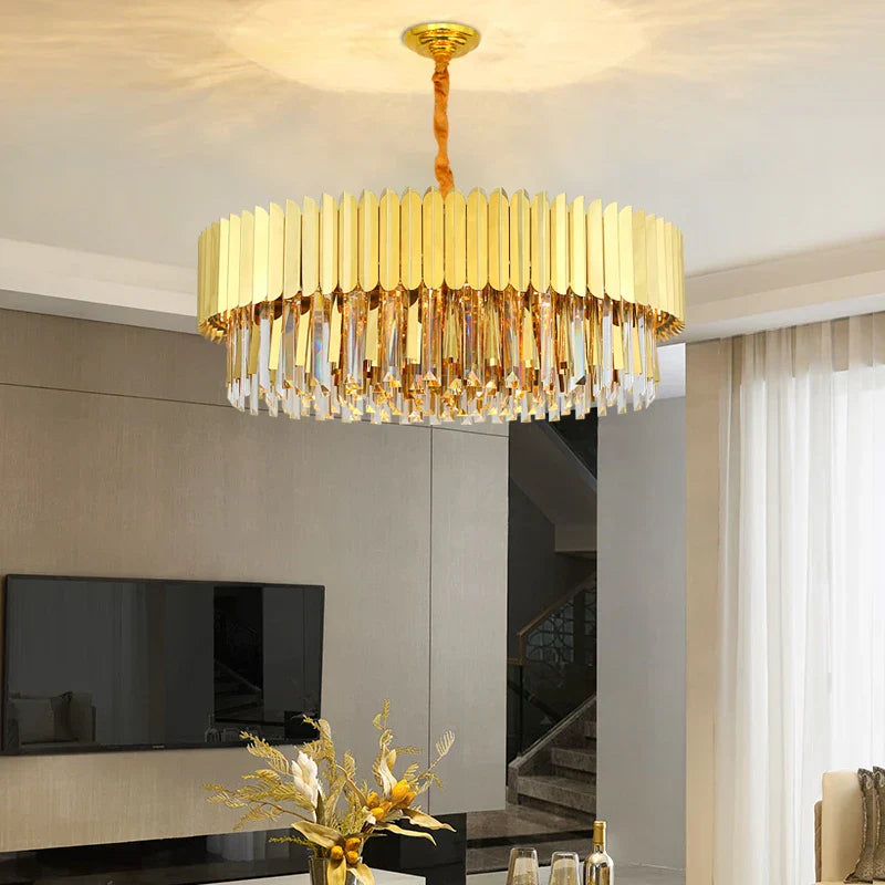 Elegant Post-Modern Crystal Chandelier - Stainless Steel Golden Round Lighting for Living Rooms, Dining Rooms, and Bedrooms
