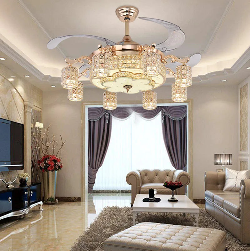 LED Crystal Gold Fan Lights Living Room Modern Fan With Remote Control Luxury Ceiling Fans 110V 260V Ceiling Fans Lighting