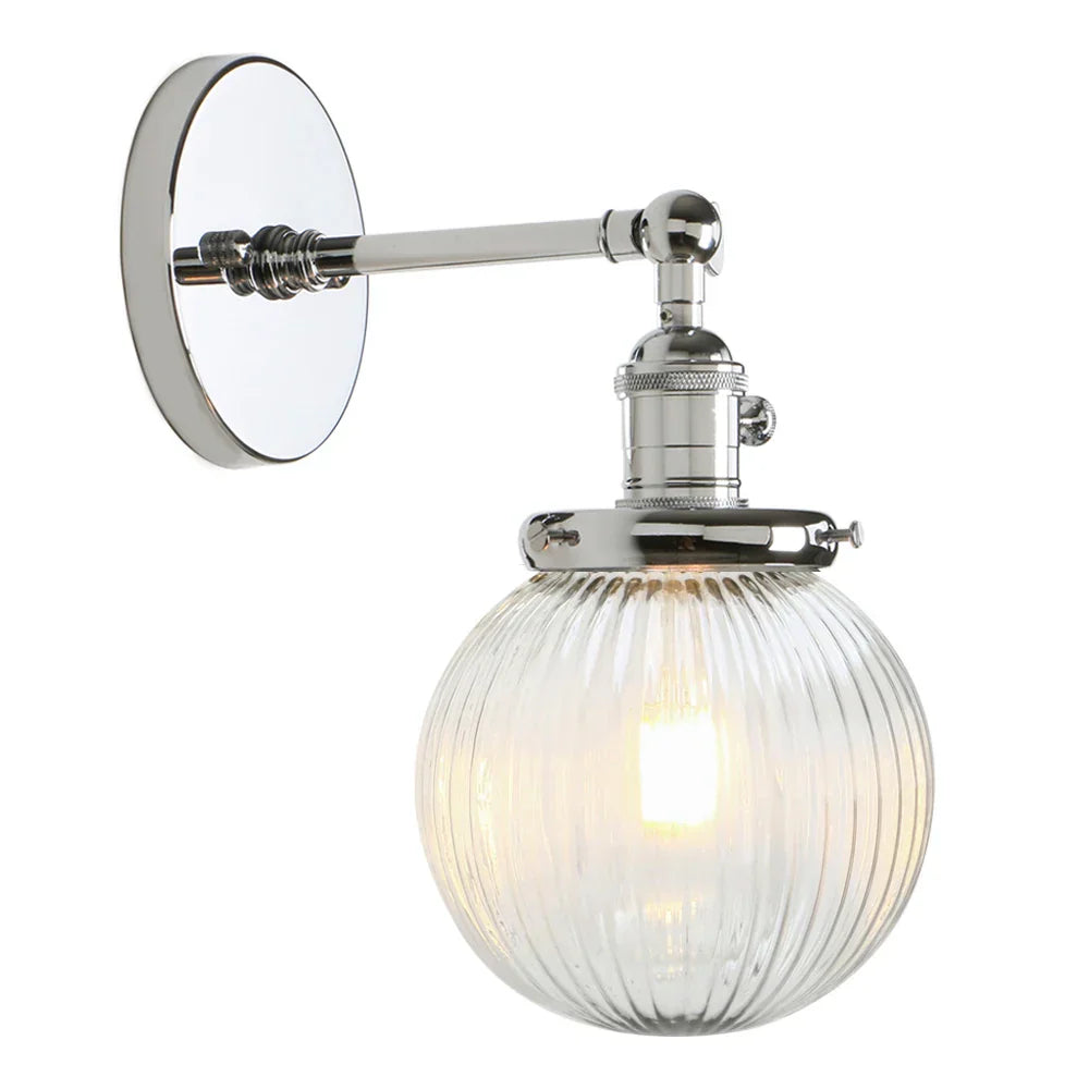 Permo Industrial Ribbed Globe Glass Wall Light - Stylish Switched Wall Sconces for Kitchen, Living Room, and Bedroom