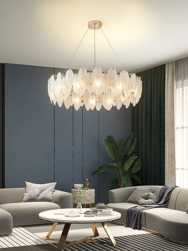 Unique Goose Feather LED Chandelier - Artistic White Glass - Designer Lighting Fixture for Foyer and More