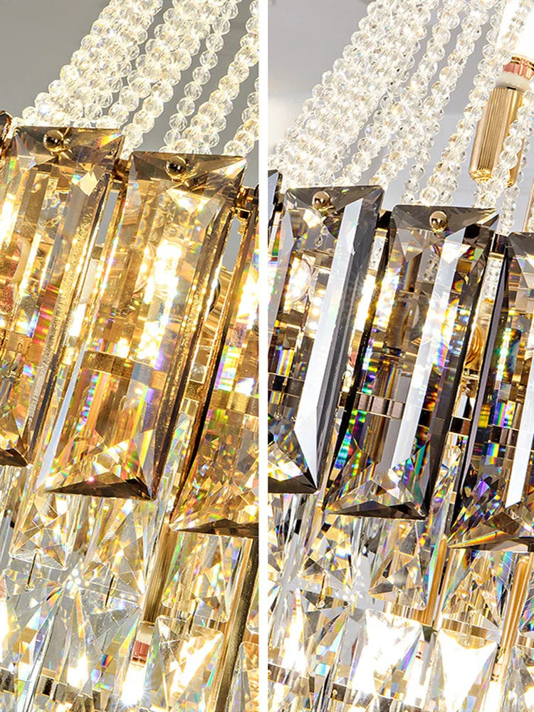Large Modern Crystal Chandelier For Staircase Luxury Amber Smoky Gray Home Decor Hanging Light Fixture Long Hall Lobby Led  Lamp