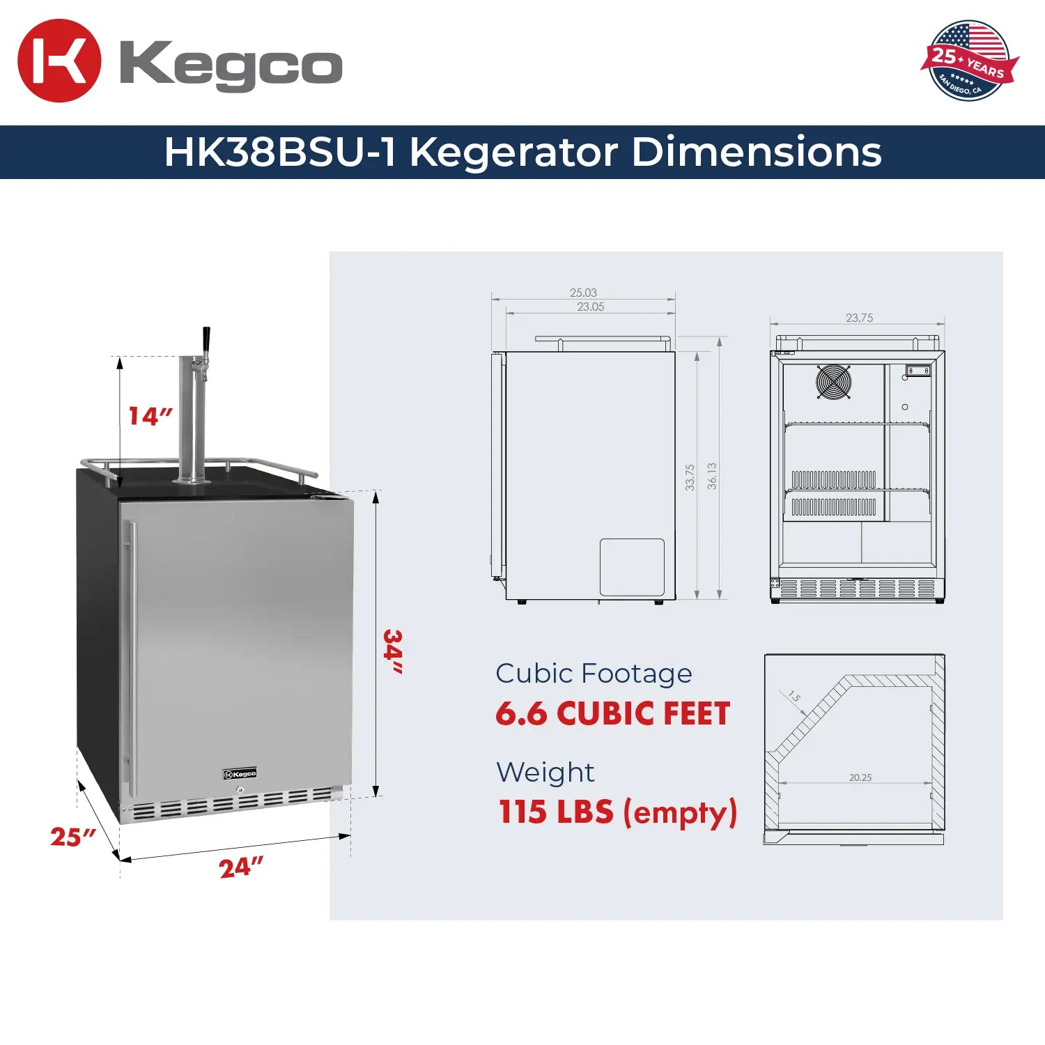 Kegco 24" Wide Single Tap Stainless Steel Built-In Right Hinge Kegerator with Kit- Indoor
