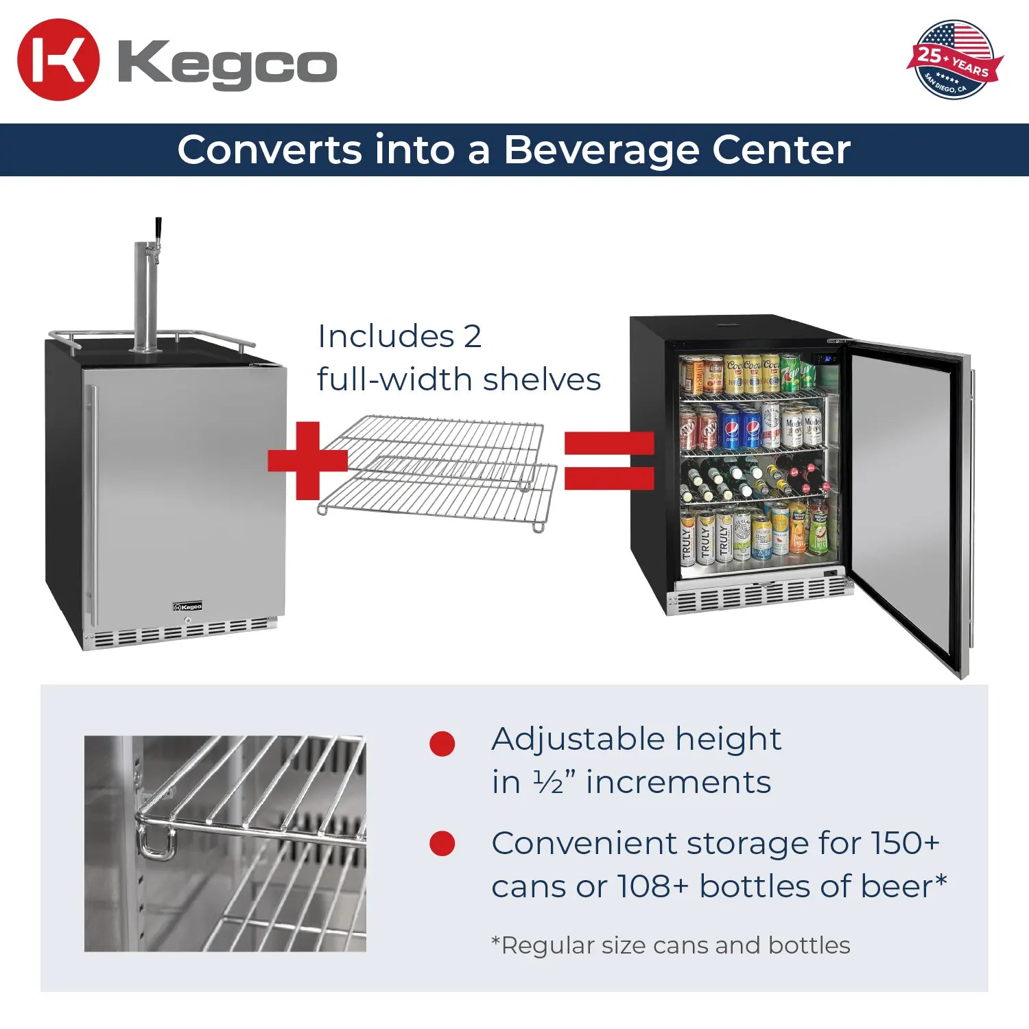 Kegco 24" Wide Single Tap Stainless Steel Built-In Right Hinge Kegerator with Kit- Indoor