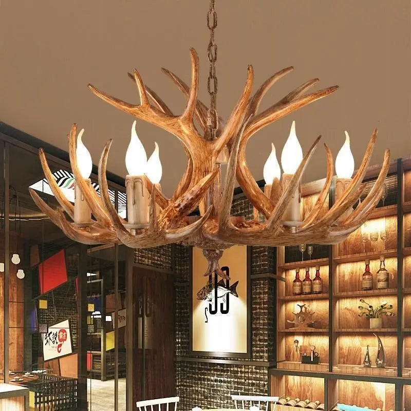 European Country LED Antler Chandelier - Retro Resin Deer Horn Ceiling Lamp for Home Kitchen Decor Lighting