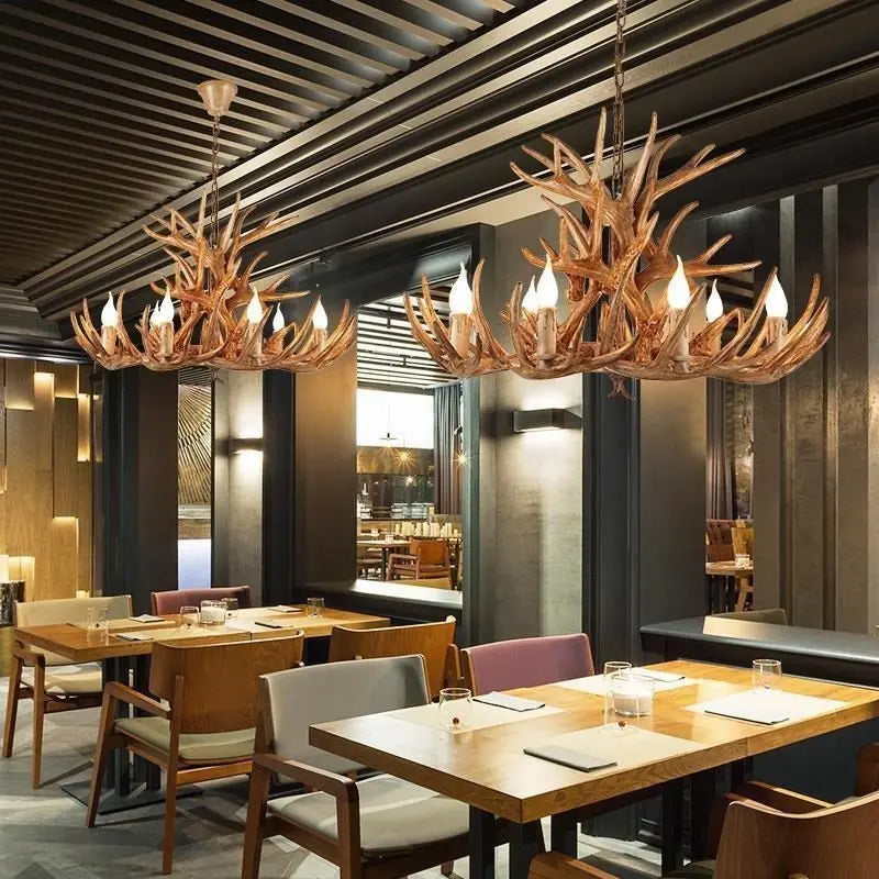 European Country LED Antler Chandelier - Retro Resin Deer Horn Ceiling Lamp for Home Kitchen Decor Lighting